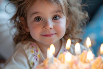 A little girl happily sits in front of a birthday cake, ready to celebrate.
