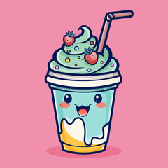 Vector illustration of kawaii cartoon ice cream milkshake with strawberry topping