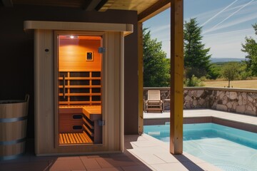 A wooden infrared sauna sitting next to a swimming pool. - obrazy, fototapety, plakaty