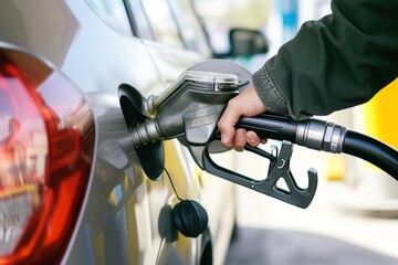 A close-up image of a hand filling up a car with gas at a gas station.