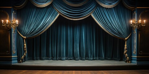 a blue curtain with gold trim - obrazy, fototapety, plakaty