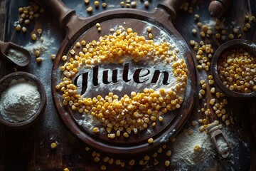 Close-up view of the word gluten written on a plate, decorated with corn sprinkles.
