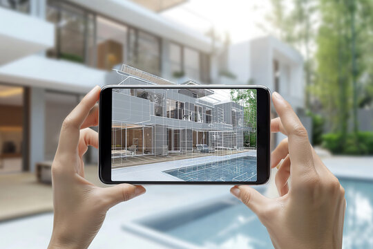 A person holds up a smartphone to capture a picture of a house.