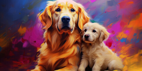 2 golden retrievers sit together, framed on a colorful background, generative AI