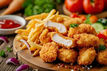 fried chicken nuggets with french fries and vegetables