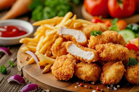 fried chicken nuggets with french fries and vegetables