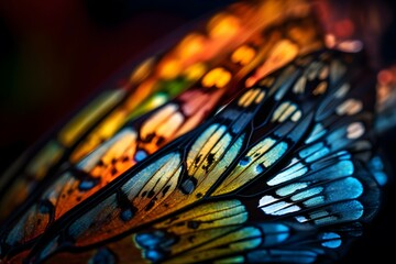 Close-up photo of the vibrant colors and textures of a butterfly s wing, beautiful lighting, back ligthing, multicolours, glowing, using a 105mm macro lens, f 4 aperture, and 1 320 shutter speed, epl - obrazy, fototapety, plakaty