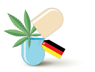 Cannabis Blatt in geöffneter Medizinkapsel mit Deutschland Fahnen Schild,
Vektor Illustration isoliert auf weißem Hintergrund

