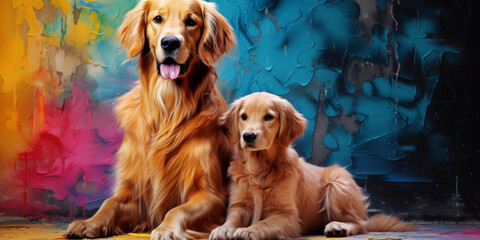 2 golden retrievers sit together, framed on a colorful background, generative AI