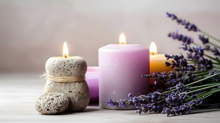 Obraz na płótnie Canvas Spa stones, candelight and lavendel on blurred background, copyspace, white space