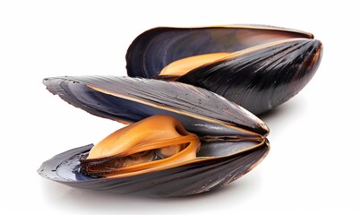 two mussels isolated on white, cooked seafood isolated.