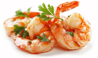 Shrimps. Cooked prawns isolated on a White Background. Roasted seafood.