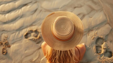 Fototapeta na wymiar Young woman wearing straw hat on beach by the sea having fun in summer vacation, top view, copy space.