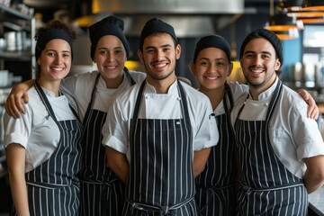 Group of Smiling Chefs in Whites and Striped Aprons Standing Together in a Restaurant Kitchen - obrazy, fototapety, plakaty