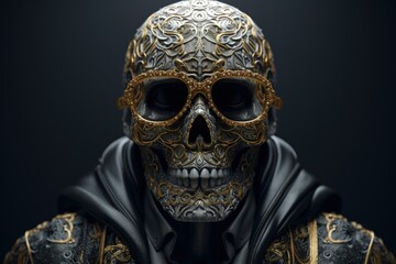 Chic allure: unveiling contemporary elegance of stylish skull with gold plating, modern luxurious decorative accent merging edgy design opulent glamour in a unique and fashion-forward statement piece.