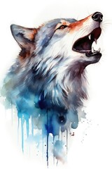 watercolor wolf drawing with paints. art illustration of a wild animal on a white background. drops and splashes.
