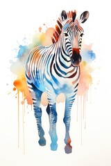 watercolor zebra drawing with paints. art illustration of a wild animal on a white background. drops and splashes.