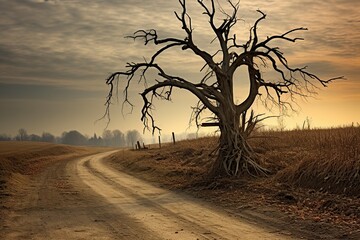 illustration, dead tree alone, on the country road - obrazy, fototapety, plakaty