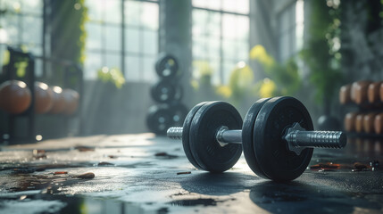Close up fitness dumbbell weight in a gym studio background