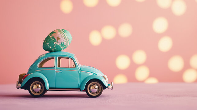 miniature toy car with Easter egg on the pink background with copy space