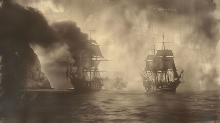 ancient photograph of two old pirate ships from the 1800s sailing the ocean during a battle - 736646117