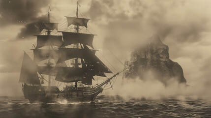 ancient photograph of a old pirate ship from the 1800s sailing the ocean during a battle - 736646119