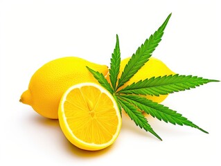 Two lemons and a marijuana leaf on a white surface.