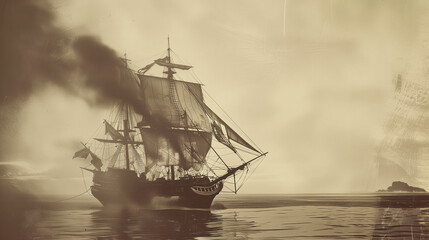 ancient photograph of a old pirate ship from the 1800s sailing the ocean during a battle - 736646379