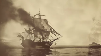 Foto op Canvas ancient photograph of a old pirate ship from the 1800s sailing the ocean during a battle © meta-frames