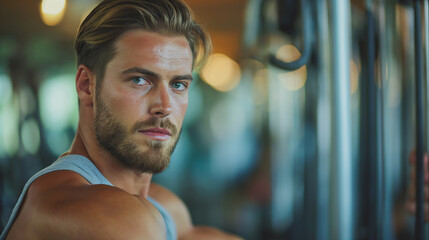 Handsome men side pose in a gym background