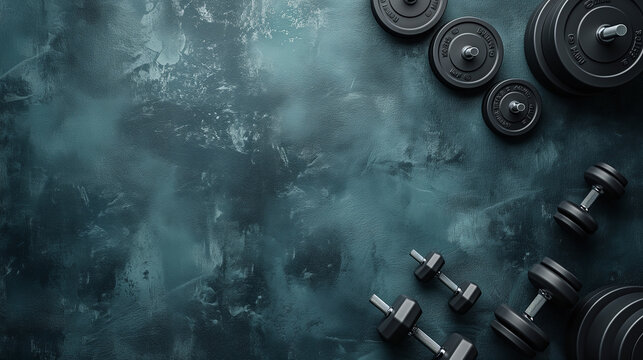 Top view of a gym equipment's on a dark background