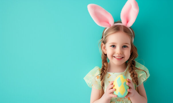 little girl with bunny ears. Easter celabration. Cyan background with copy space