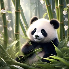 Panda eating bamboo. A fluffy panda cub sitting on its hind legs, munching contentedly on a stalk of bamboo, its black-rimmed eyes sparkling with delight. Generative AI