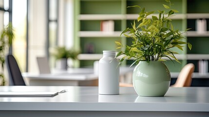 office interior, closeup, light and airy, white, green, grey