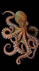 A painting of an octopus on a black background.