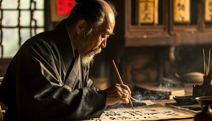 Obraz premium a man sitting at a desk writing on a piece of paper