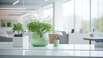 office interior, closeup, light and airy, white, green, grey