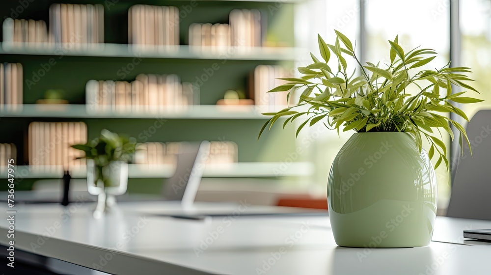 Wall mural office interior, closeup, light and airy, white, green, grey