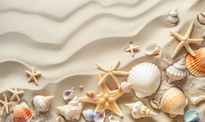 sea shells and starfish on sand with copy space