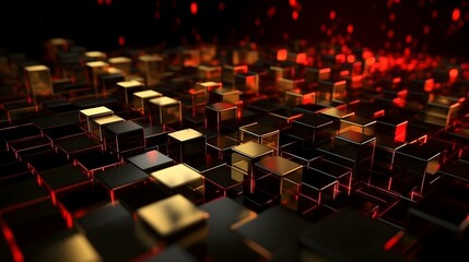 Abstract 3d cubes tech speed movement pattern design background concept, gold and black and red, glossy, bokeh, shot on 50 mm lens,