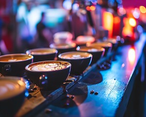 a row of cups of coffee sitting on top of a counter