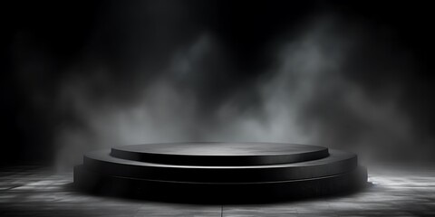 Podium black dark smoke background product platform abstract stage texture fog spotlight. Dark black floor podium dramatic empty night room table concrete wall scene place display studio smoky dust