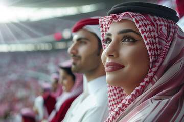 Qatar fans cheering on their team from the stands of sports stadium. - obrazy, fototapety, plakaty