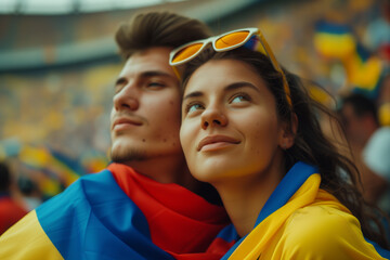 Romania fans cheering on their team from the stands of sports stadium.