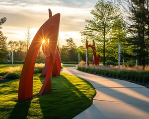 the sun is setting behind a sculpture in a park - obrazy, fototapety, plakaty