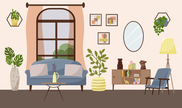 Modern living room interior. A sofa and an armchair, a window with curtains, a coffee table with a vase. A cabinet with shelves for accessories, candles and figurines. Flowers, mirror and paintings