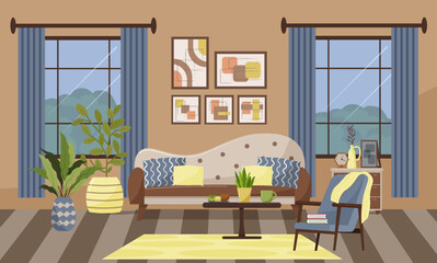 Cozy living room interior with windows. Sofa and armchair, coffee table, vase and cups. Cabinet with home accessories. Flowers and books, paintings on the wall. Modern room design. Vector flat