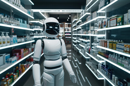 robot as a pharmacist in a pharmacy, holding boxes with tablets, blurred background. Artificial intelect in future life. AI Generated