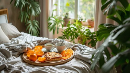 Luxurious breakfast served on a bed in a hotel room on a bright and sunny morning