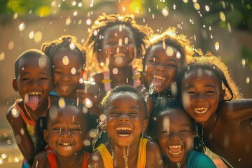 African children playing and having fun in the water. - obrazy, fototapety, plakaty